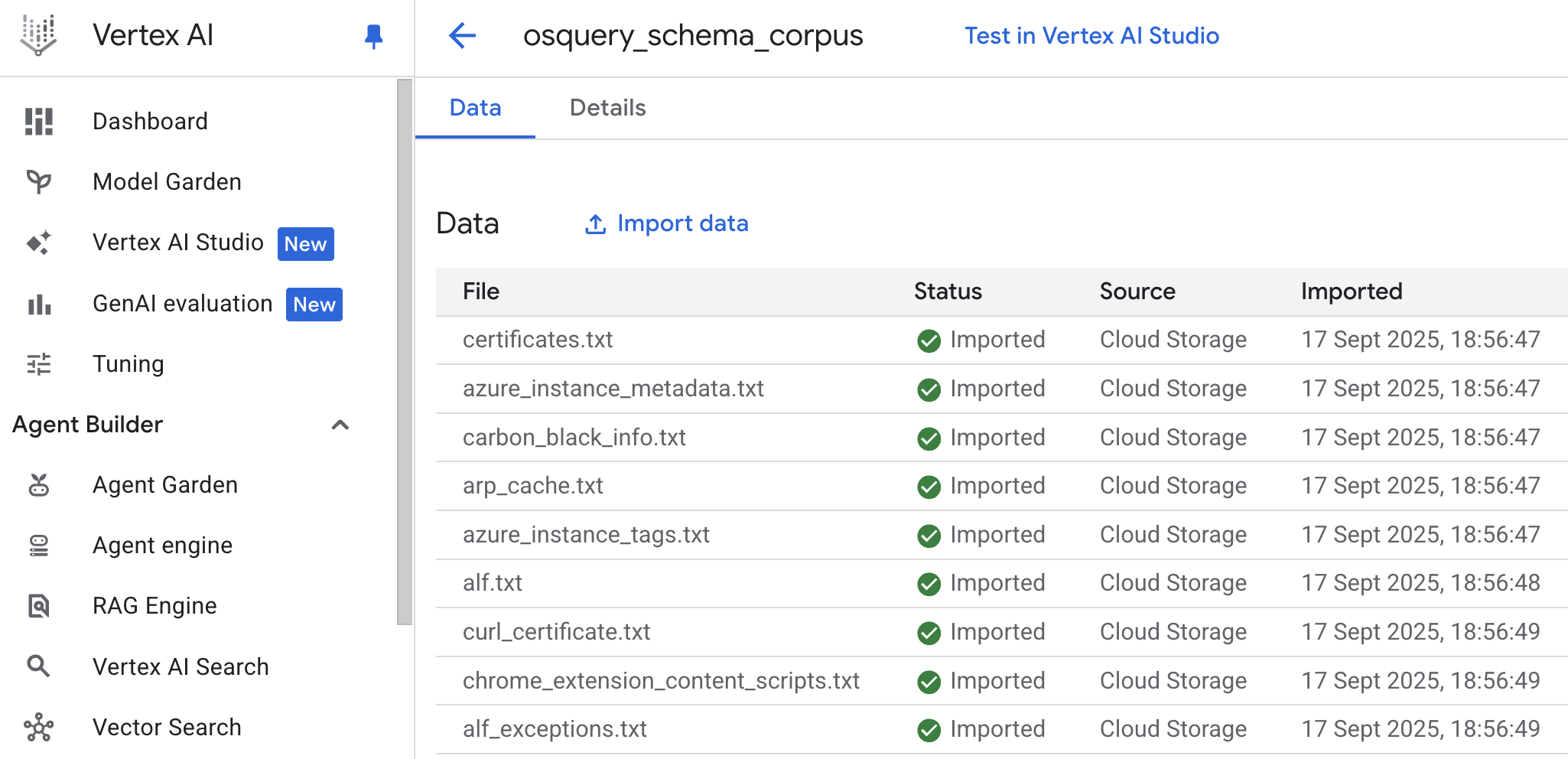 osquery schema corpus in Vertex AI RAG
