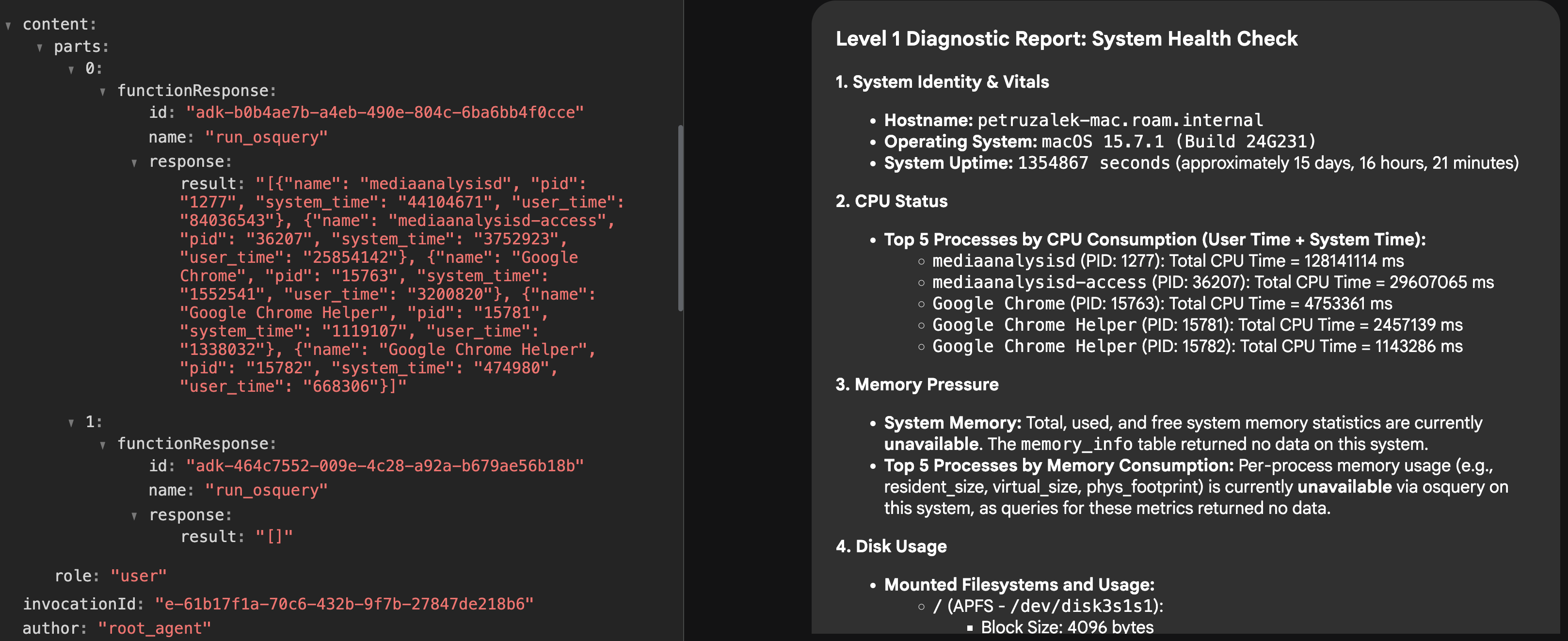 A common problem: memory_info is empty on MacOS, but the model doesn't know that ADK window showing a query with empty results