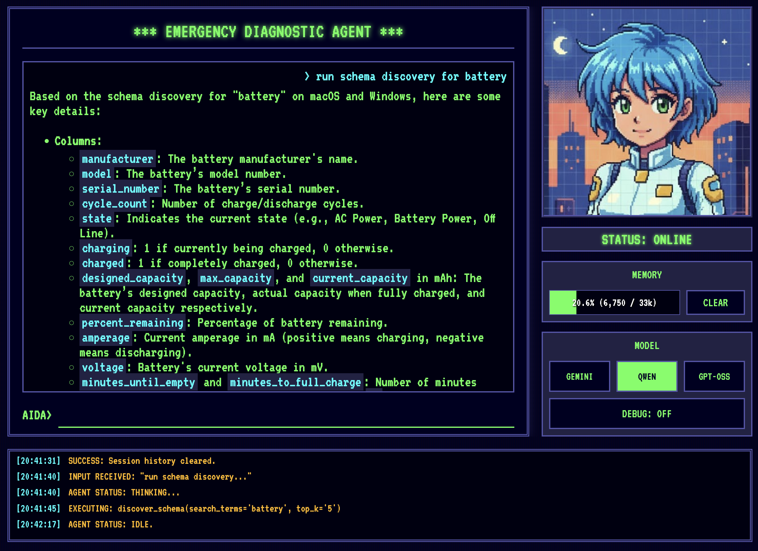 Query 'run schema discovery for battery' usando Qwen Screenshot da AIDA