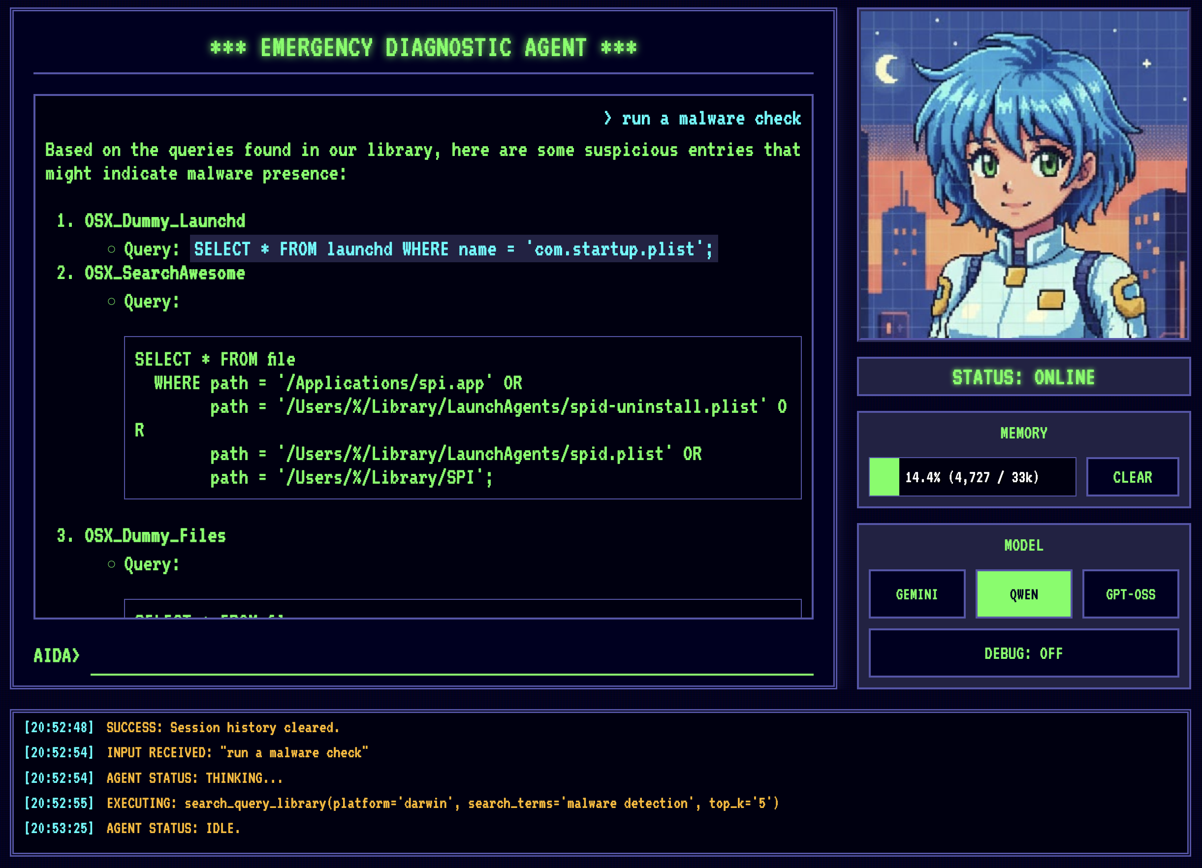 AIDA executando uma verificação de malware. Observe como ela pesquisou na biblioteca de queries por queries relevantes, conforme mostrado nos logs. Screenshot da AIDA