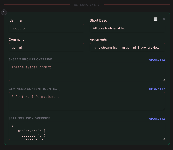 The alternative editor allows you to override the agent command, command line flags, system prompt, GEMINI.md and settings.json Alternative editor