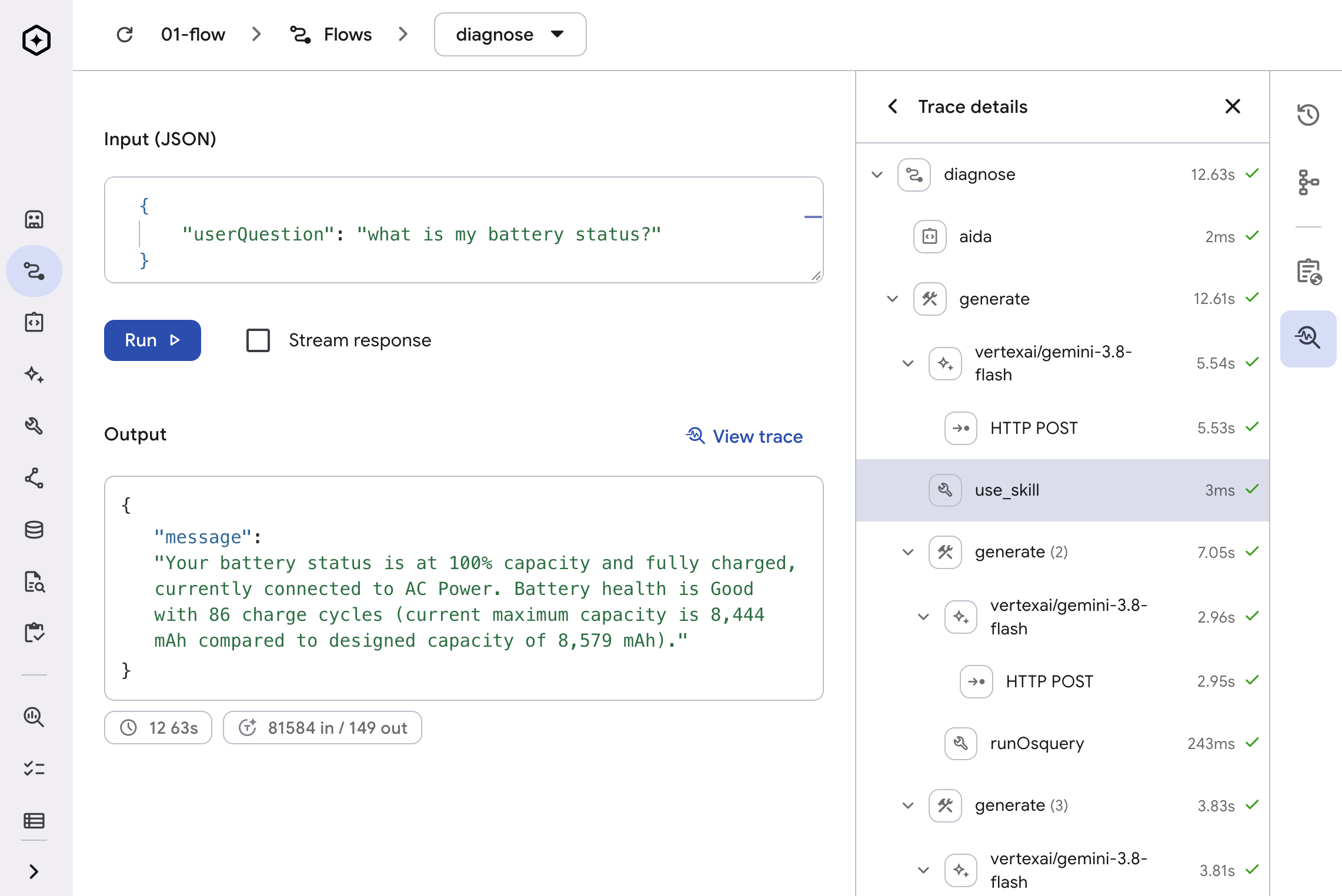 Genkit Developer UI running the diagnose flow