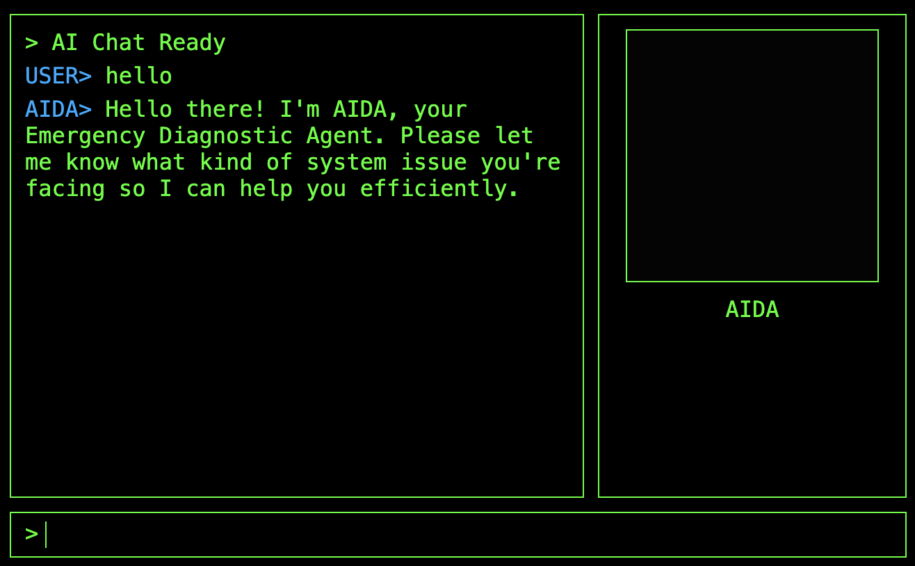 The new UI for the AIDA agent, generated by Gemini CLI, featuring a retro-cyberpunk aesthetic with a chat window and an avatar.