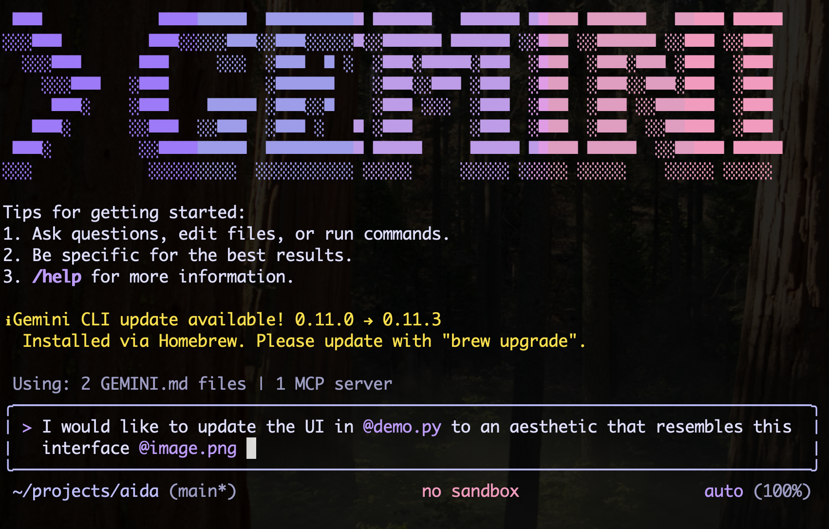 Screenshot of the Gemini CLI showing the prompt used to generate the new UI.