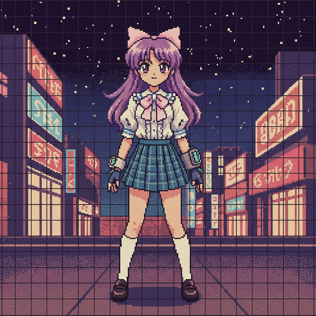 Initial 2D anime girl avatar in PC-98 style, generated by the Nano Banana extension.