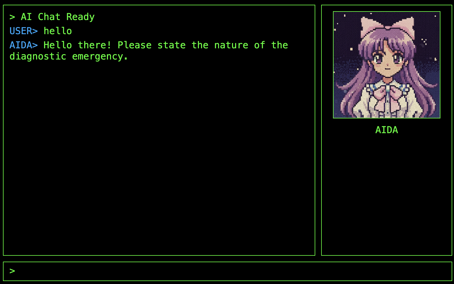 The AIDA chat interface with the idle avatar displayed.