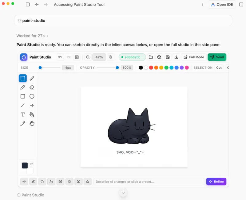 /paint-studio と /generative_ui によってインライン描画されたPaint Studioキャンバスと黒猫smol voidのスケッチ