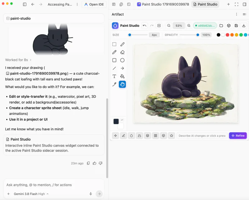 補助サイドパネルにドッキングされたPaint Studioで猫のスケッチを水彩画風イラストへリファインしている様子