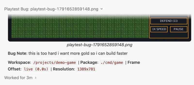 Playtest StudioからAntigravityのチャットセッションに送信された構造化バグレポートメッセージ