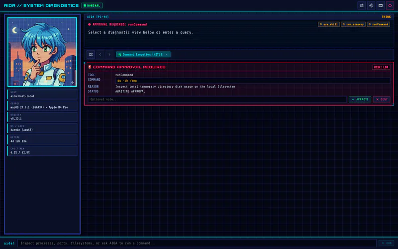 AIDA cockpit paused on a human-in-the-loop runCommand interrupt showing the proposed shell command, risk badge, feedback input, and approve or deny buttons