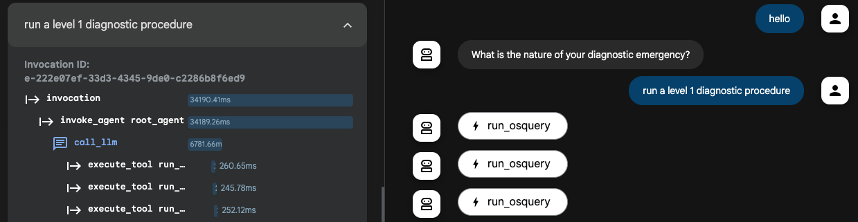 ADK UI showing agent running a level 1 diagnostic procedure
