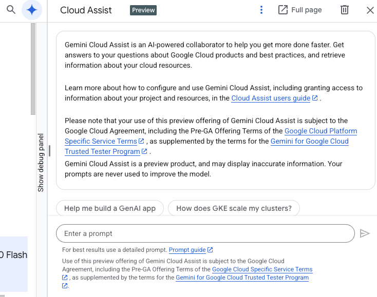 Google Cloud Assist welcome screen