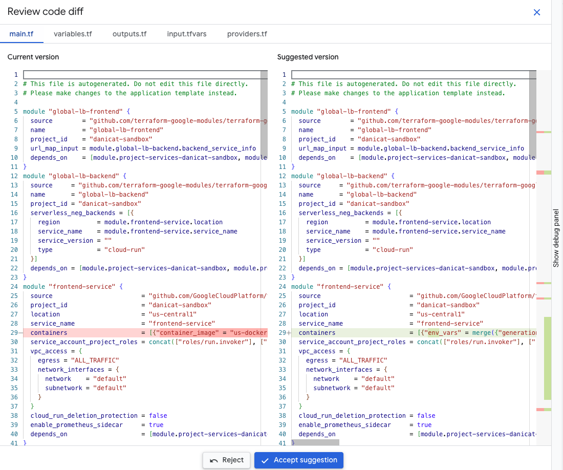 Review diff window showing comparison between terraform code before and after