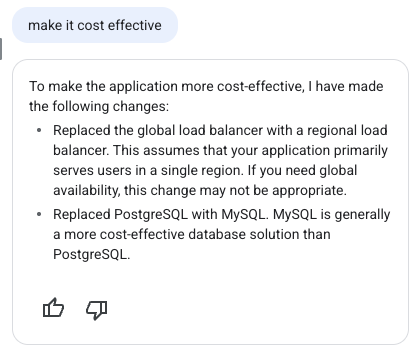 Gemini&rsquo;s response suggesting a regional load balancer and replacing Postgres with MySQL