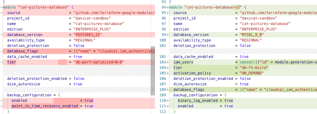 Terraform diff showing that Gemini also changed the machine type (tier)