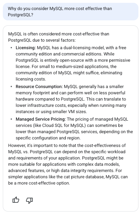 Asking Gemini why it things MySQL is more cost-effective than Postgres