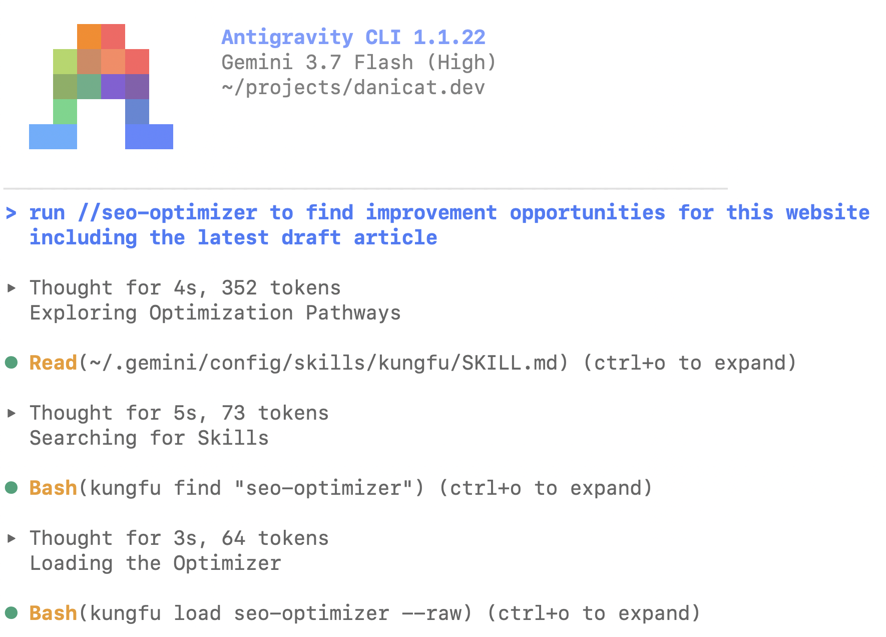 kungfu JIT loading the seo-optimizer skill Terminal screenshot showing kungfu JIT loading the seo-optimizer skill